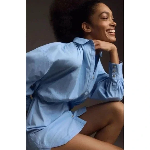 NWT Anthropologie Maeve Poplin Mini Shirt Dress Sz XL Sky Blue Long Sleeve $148 - Picture 4 of 15